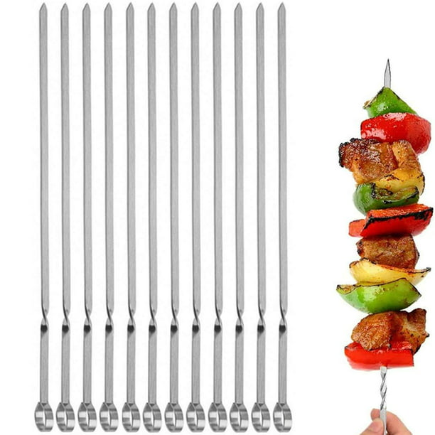 10Pcs Metal Skewer Stainless Steel BBQ Skewers Barbecue Meat Kebab Shish US 